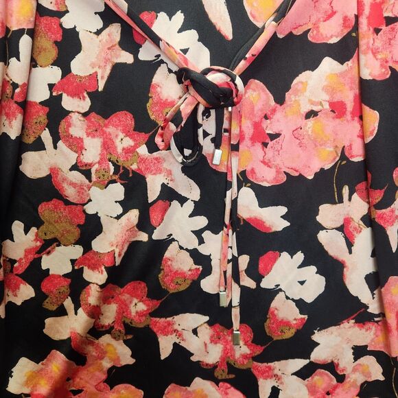 Dana Buchman Floral Dress Large Draped Neck Sleeveless Belted Black Pink Flowers - Picture 3 of 8